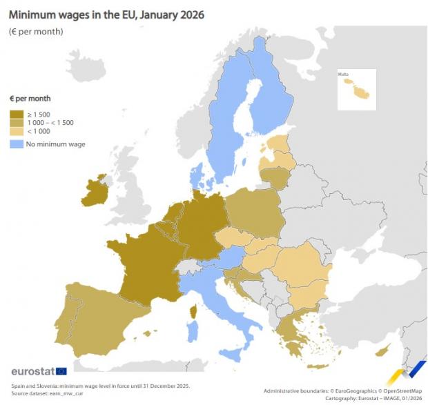 Harta salariilor minime din Europa: Ce câștiguri maxime vor fi în 2026 și unde se situează România